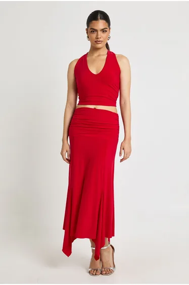 Slinky Hanky Hem Midi Skirt - red