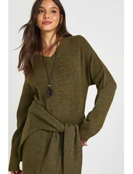 V Neck Long Sleeve Knitted Maxi Dress - olive - 3