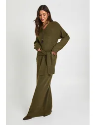 V Neck Long Sleeve Knitted Maxi Dress - olive