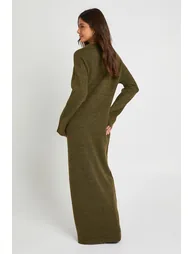 V Neck Long Sleeve Knitted Maxi Dress - olive - 1