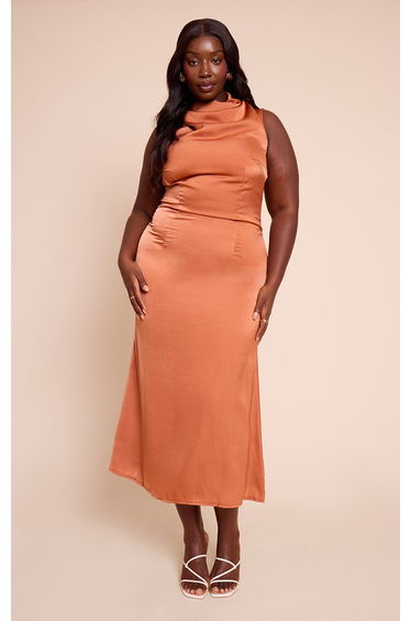 Plus Orange Satin Boat Neck Fishtail Midi Dress