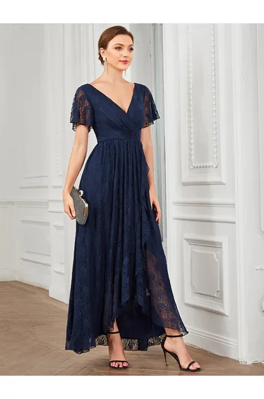 ever ELISE|Pleated V-Neck Lace Formal Evening Dress