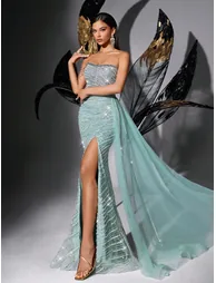 QOQ Blue Sequin Strapless Mermaid Evening Dress - 2