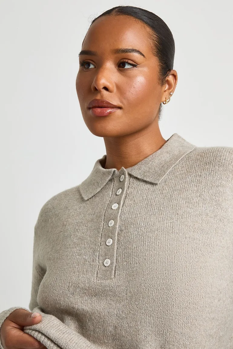 Plus Button Collared Knitted Jumper - taupe - 3