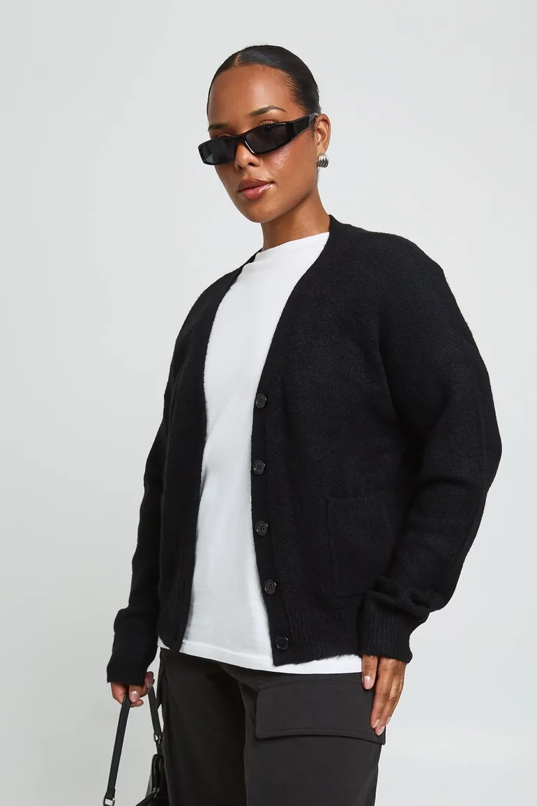 Plus Soft Knit Pocket Detail V Neck Cardigan - black - 1
