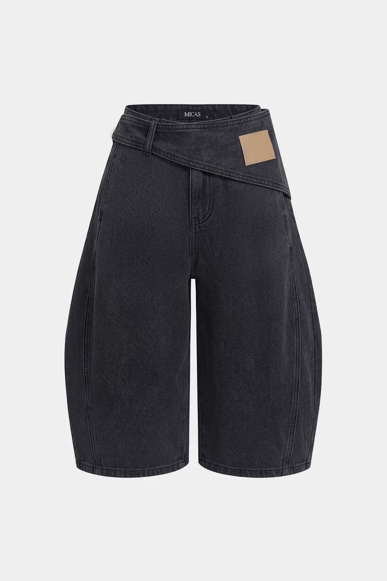 Denim Asymmetrical High Waist Wide Leg Shorts