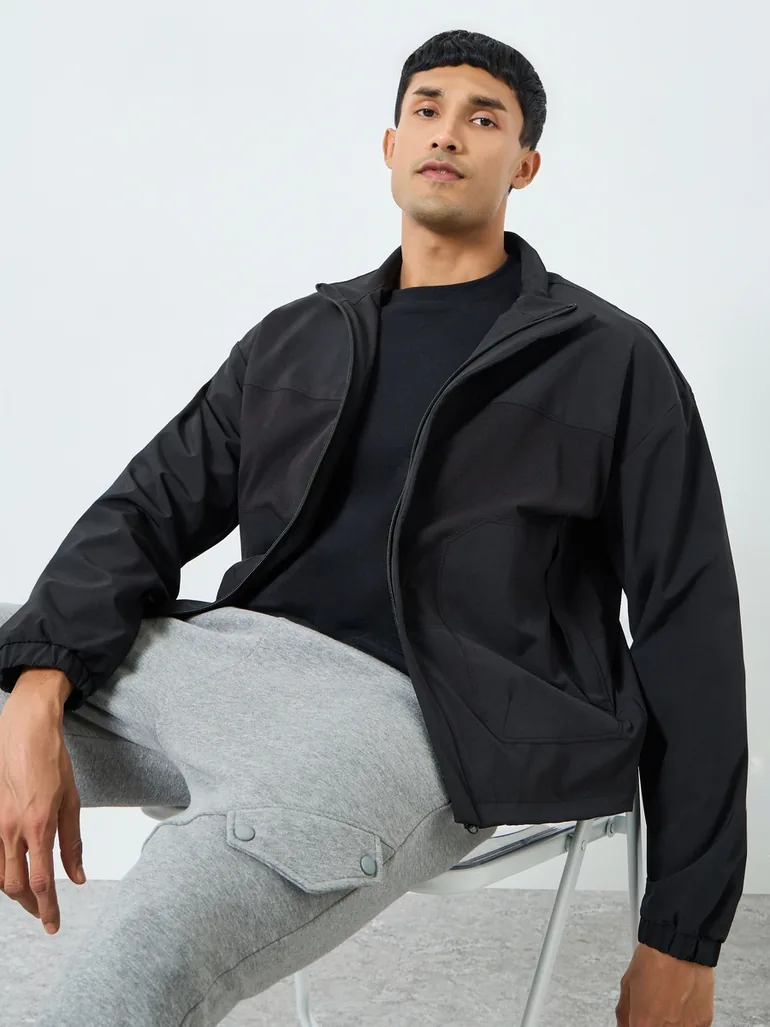 Men Black Solid Zip-Up Jacket