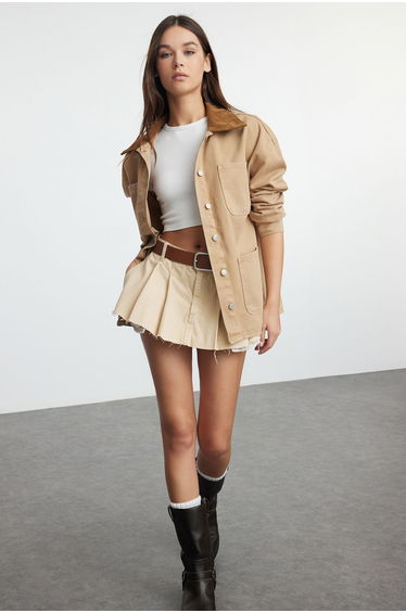 Brown Collar Suede Denim Shirt Jacket