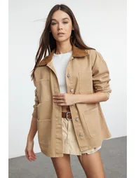 Brown Collar Suede Denim Shirt Jacket - 3