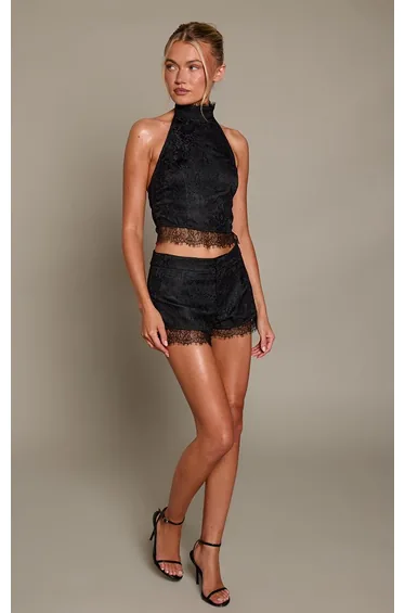 Black Satin Lace Overlay Halter Neck Top Co-Ord