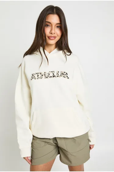 Leopard Applique Oversized Hoodie - ecru