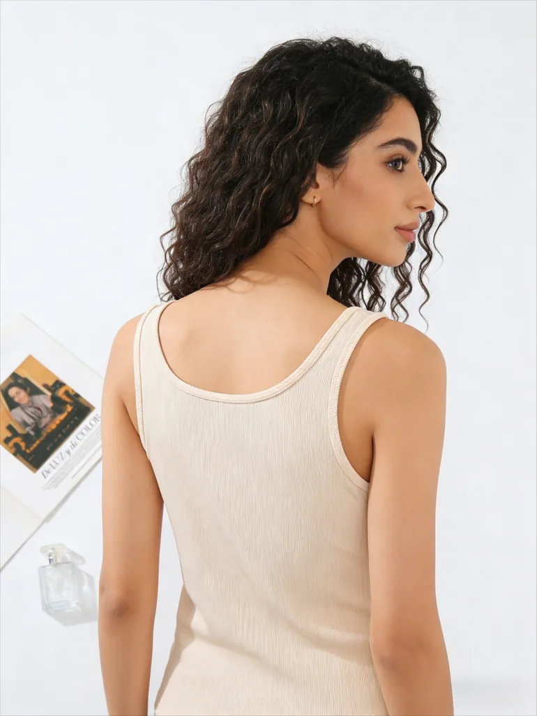 Beige Solid Scoop Neck Tank Top - 1