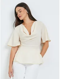 Beige Cowl Neck Ruffled Sleeve Top - 1