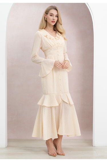 Flock Dot Bell Sleeve Ruffle Slit Maxi Dress in Soft Cream for Vacations & Beach Getaways product thumbnail 4