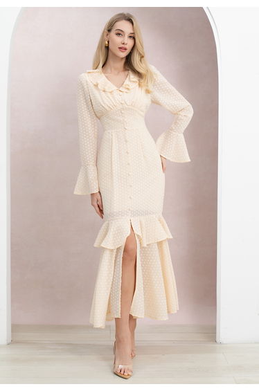 Flock Dot Bell Sleeve Ruffle Slit Maxi Dress in Soft Cream for Vacations & Beach Getaways