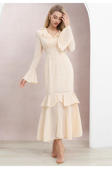 Flock Dot Bell Sleeve Ruffle Slit Maxi Dress in Soft Cream for Vacations & Beach Getaways product thumbnail 3