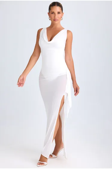 Ruffle-Trim Cowl-Neck Midaxi Dress in White