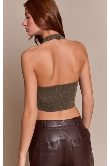 Dark Khaki Faux Suede Lace Up Plunge Halterneck Top product thumbnail 2