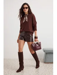 Brown Scarf Collar Detailed Knitwear Sweater