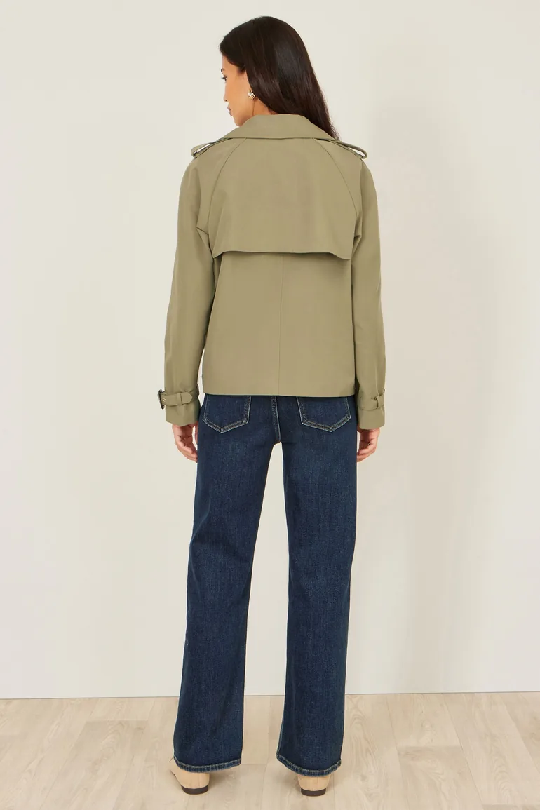 Yumi Green Cropped Trench Jacket With Pockets and Check Lining - 3