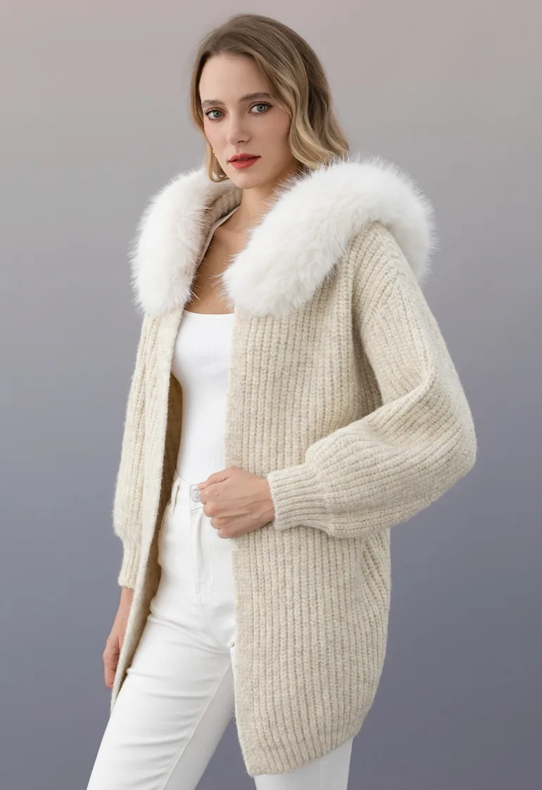 Open Front Faux Fur Hooded Longline Knit Cardigan in Oatmeal - 1