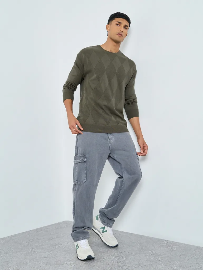 Olive Green Diamond Knit Sweater - 1