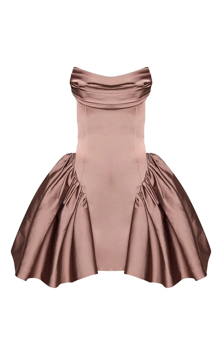 Taupe Satin Bandeau Extreme Puff Shift Dress - 4