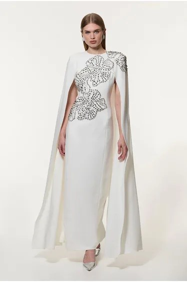 Placed Floral Crystal Embellished Tailored Drama Cape Maxi Dress