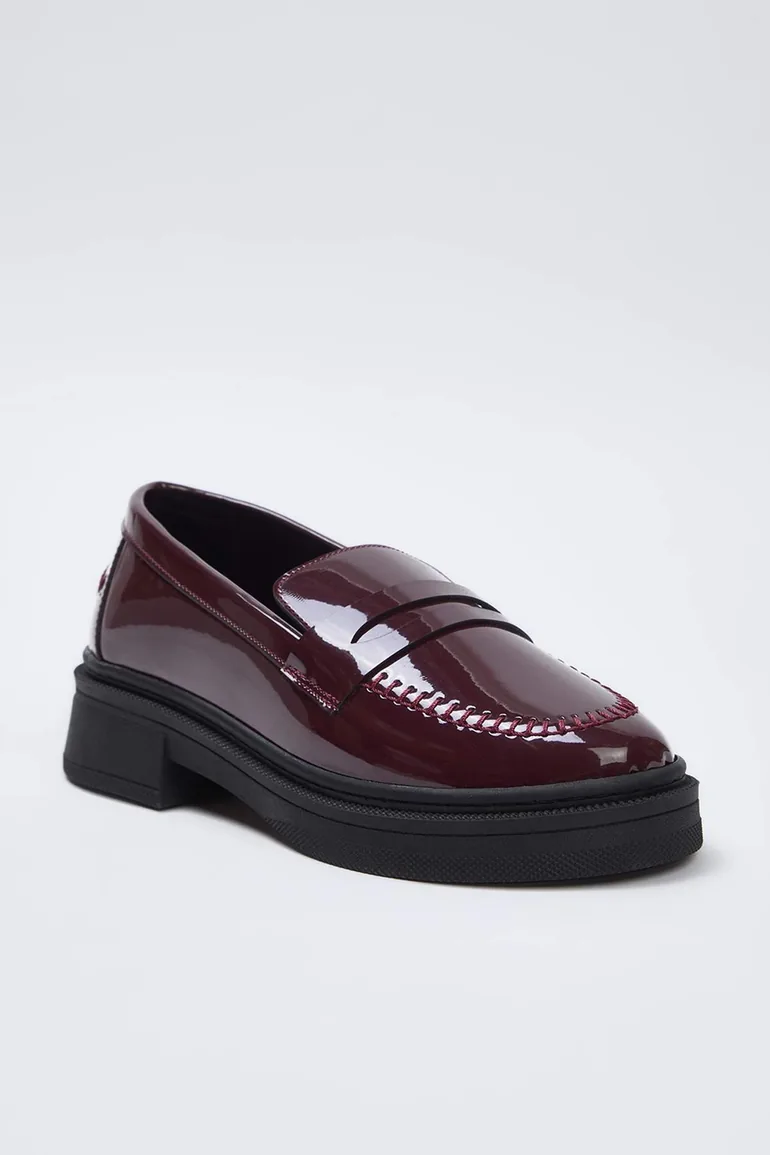 Brown Patent Leather Women's Loafer Shoes with Stitching Detail - 3