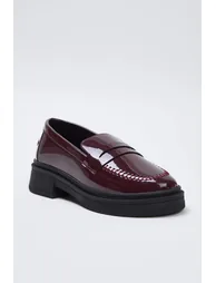 Brown Patent Leather Women's Loafer Shoes with Stitching Detail - 3