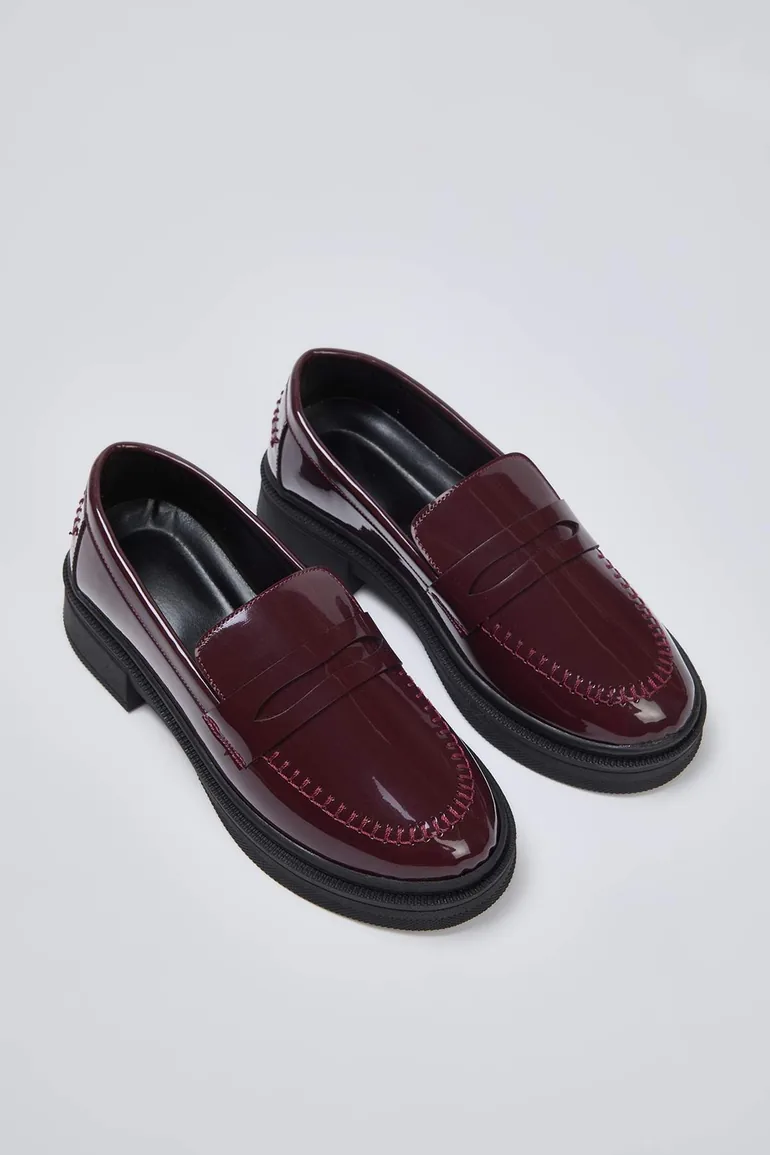 Brown Patent Leather Women's Loafer Shoes with Stitching Detail - 1