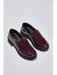 Brown Patent Leather Women's Loafer Shoes with Stitching Detail - 1