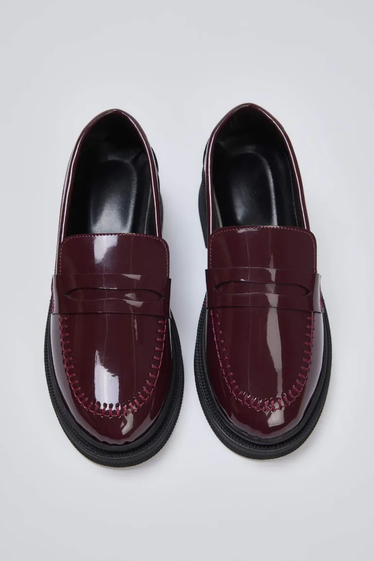 Brown Patent Leather Women's Loafer Shoes with Stitching Detail - 2