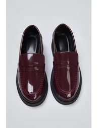Brown Patent Leather Women's Loafer Shoes with Stitching Detail - 2