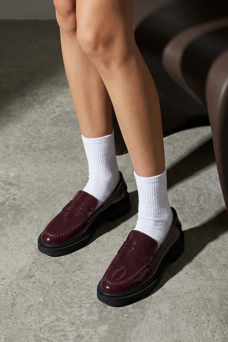 Brown Patent Leather Women's Loafer Shoes with Stitching Detail