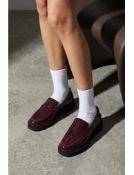 Brown Patent Leather Women's Loafer Shoes with Stitching Detail