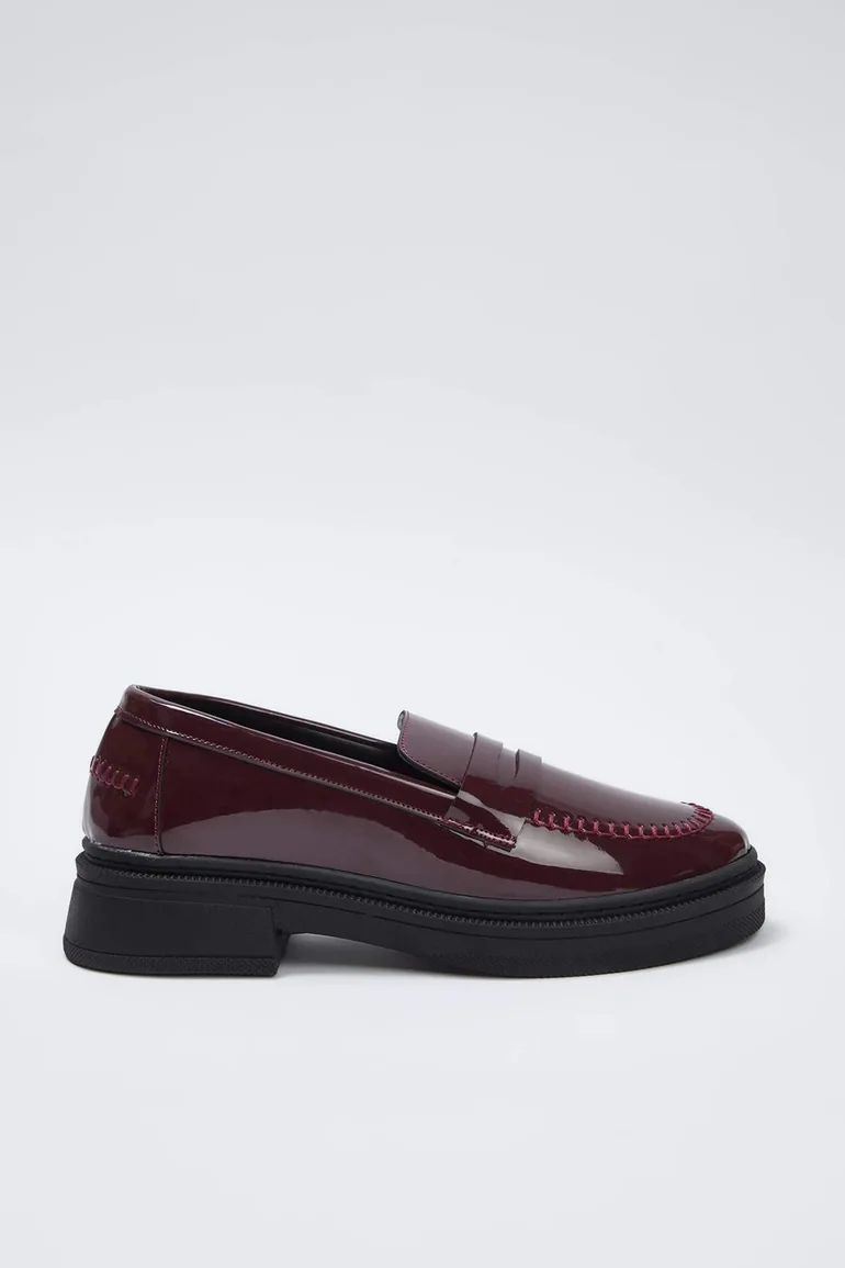 Brown Patent Leather Women's Loafer Shoes with Stitching Detail - 4