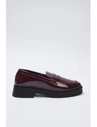 Brown Patent Leather Women's Loafer Shoes with Stitching Detail - 4