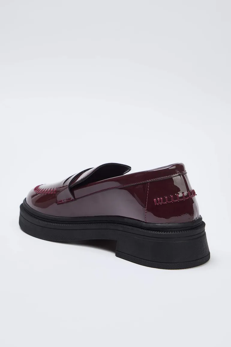 Brown Patent Leather Women's Loafer Shoes with Stitching Detail - 5