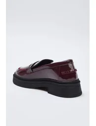 Brown Patent Leather Women's Loafer Shoes with Stitching Detail - 5