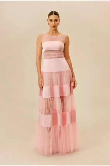 Lovely Daydream Pink Sleeveless Tiered Tulle Maxi Dress