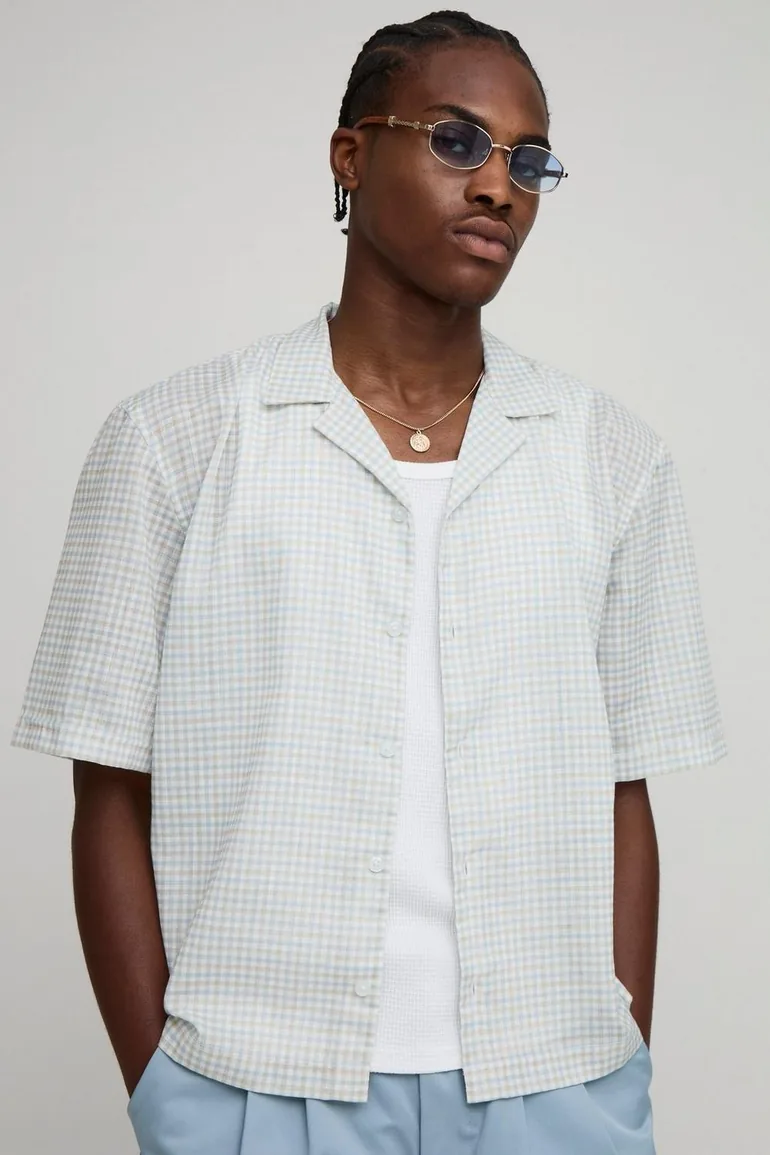 Oversized Micro Check Slub Revere Shirt