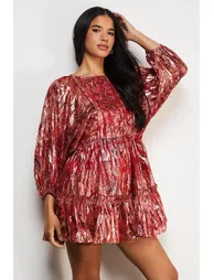 Metallic Jacquard Volume Sleeve Mini Dress - 1