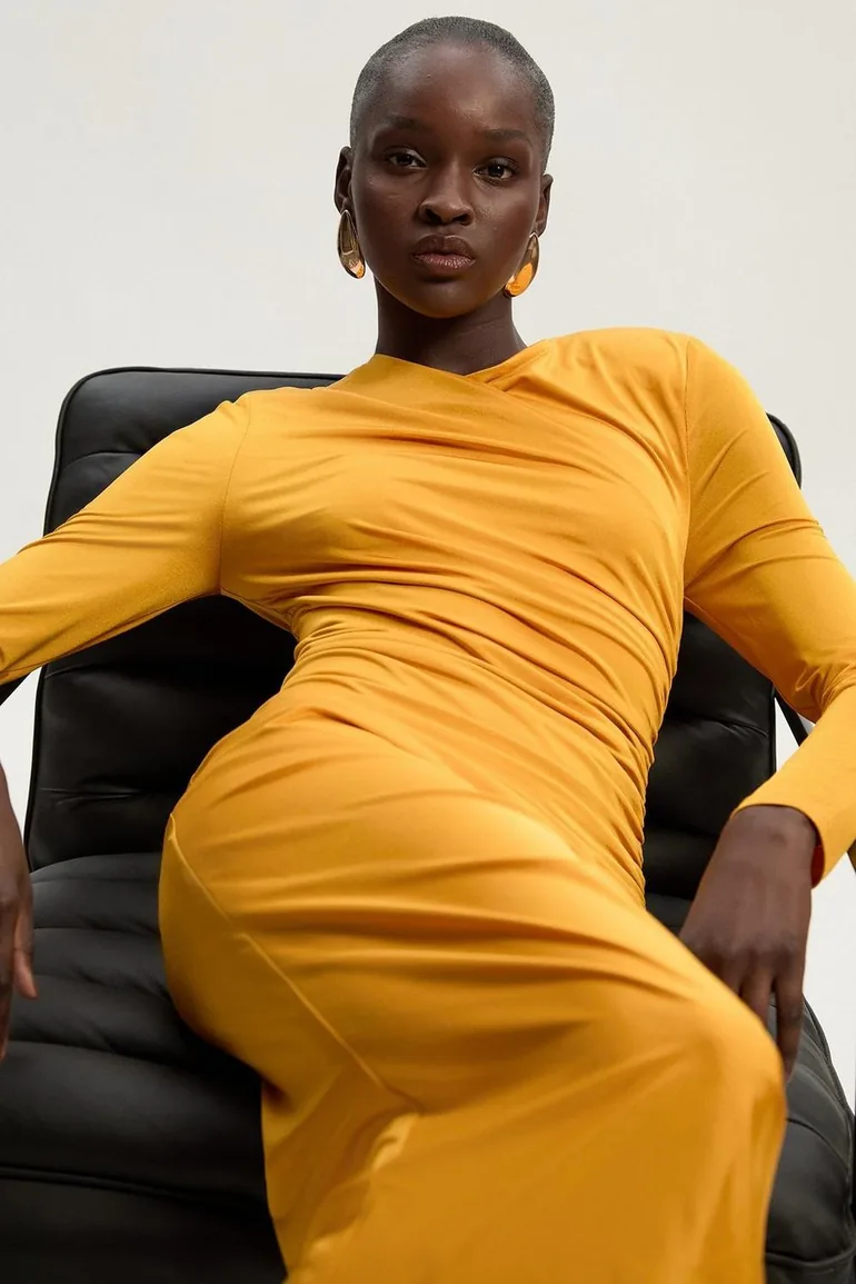 Jersey Crepe Ruched Long Sleeve Dress - 1