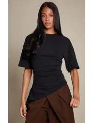 Tall Black Soft Cotton Ruched Drape Detail T-Shirt - 1