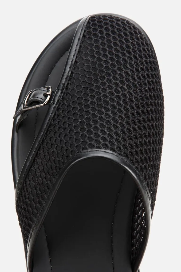 Women's Black Mesh Detailed Buckle Slippers - 4