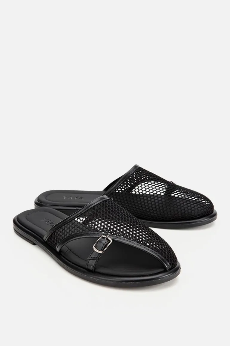 Women's Black Mesh Detailed Buckle Slippers - 1