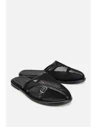 Women's Black Mesh Detailed Buckle Slippers - 1