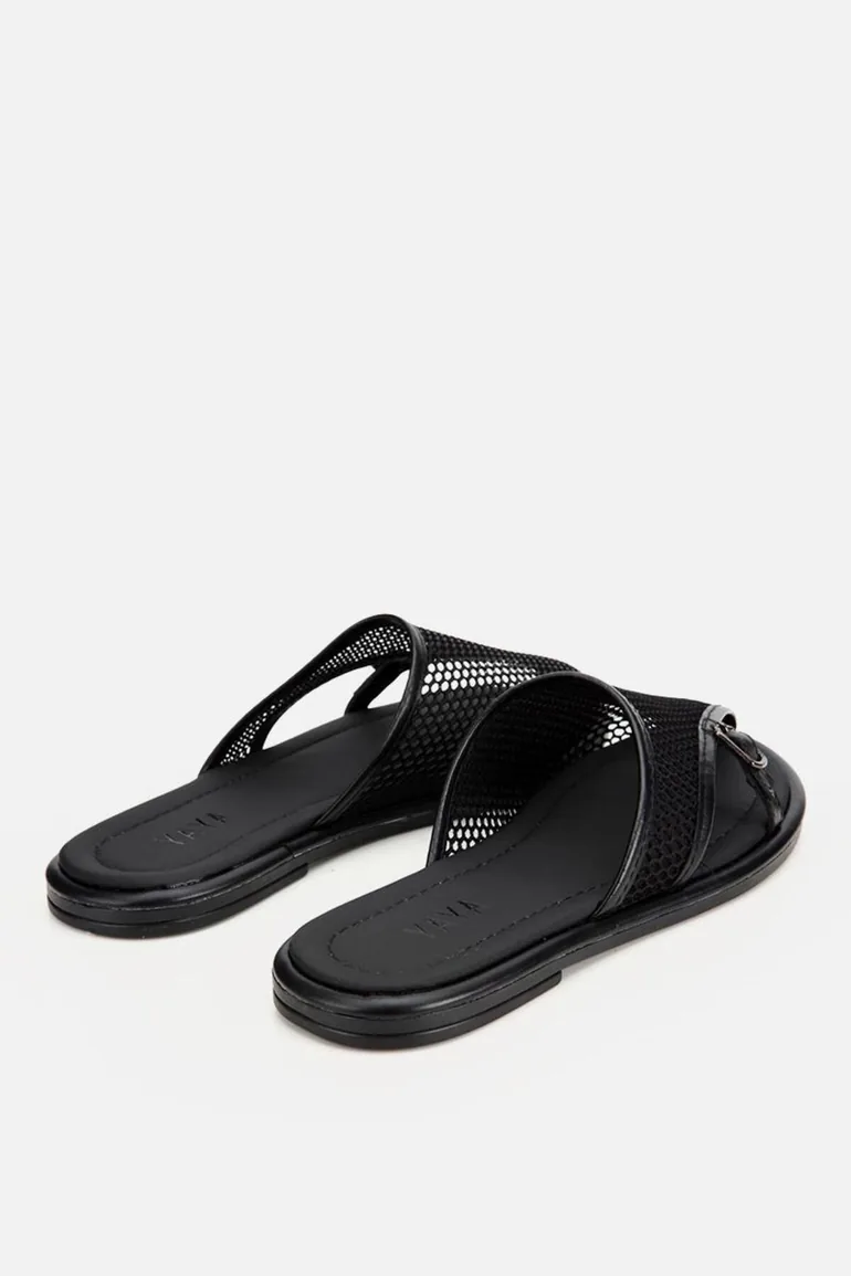 Women's Black Mesh Detailed Buckle Slippers - 2
