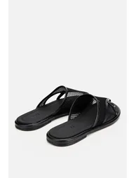 Women's Black Mesh Detailed Buckle Slippers - 2